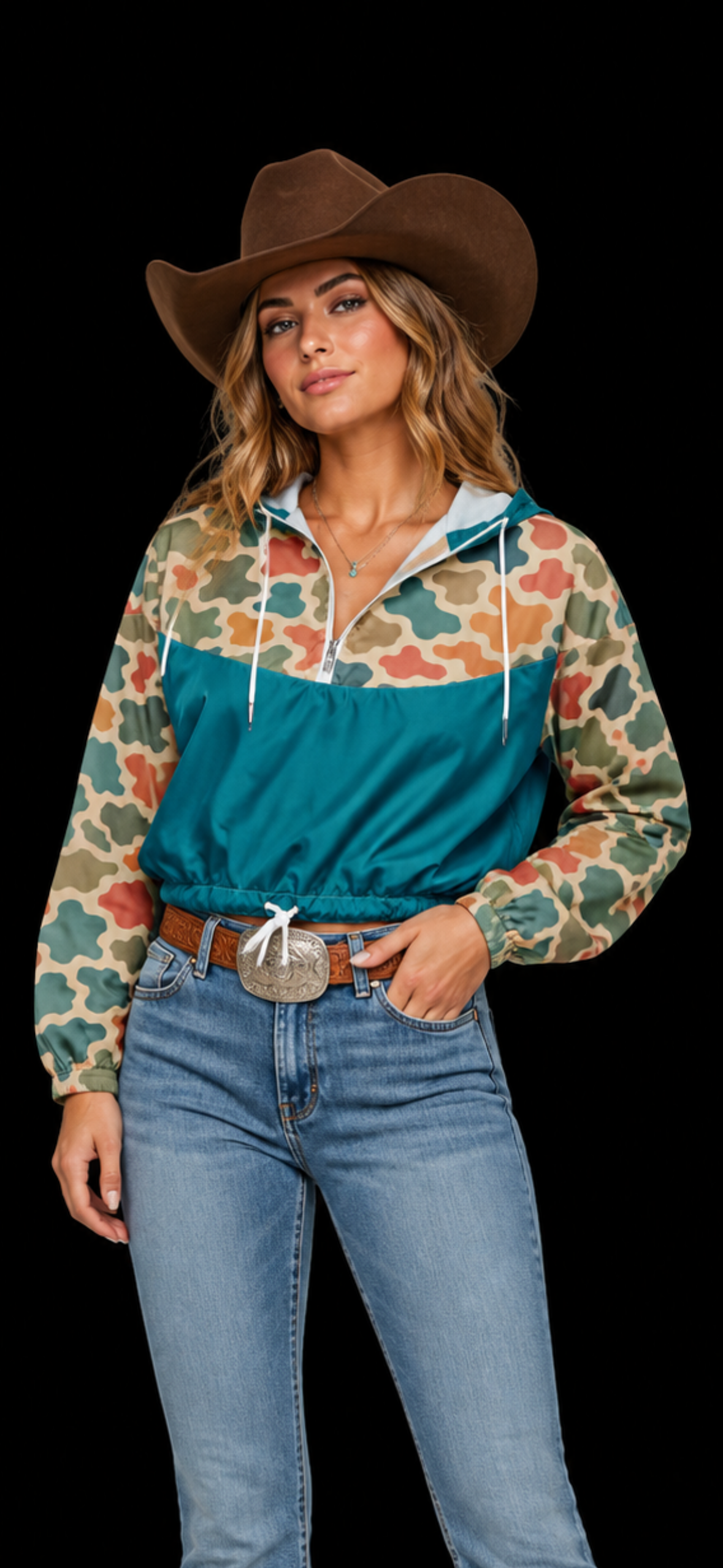 Teal Camo Cropped Windbreaker